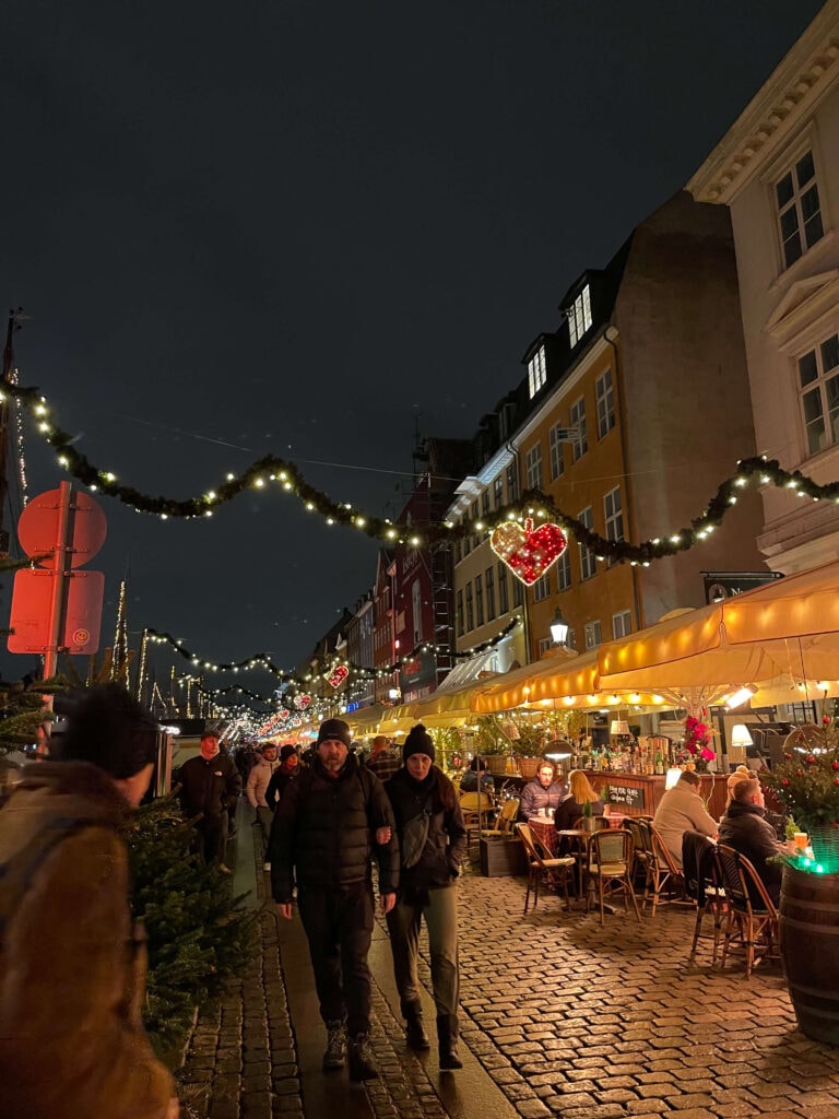 nyhavn at night at christmas, copenhagen, denmark