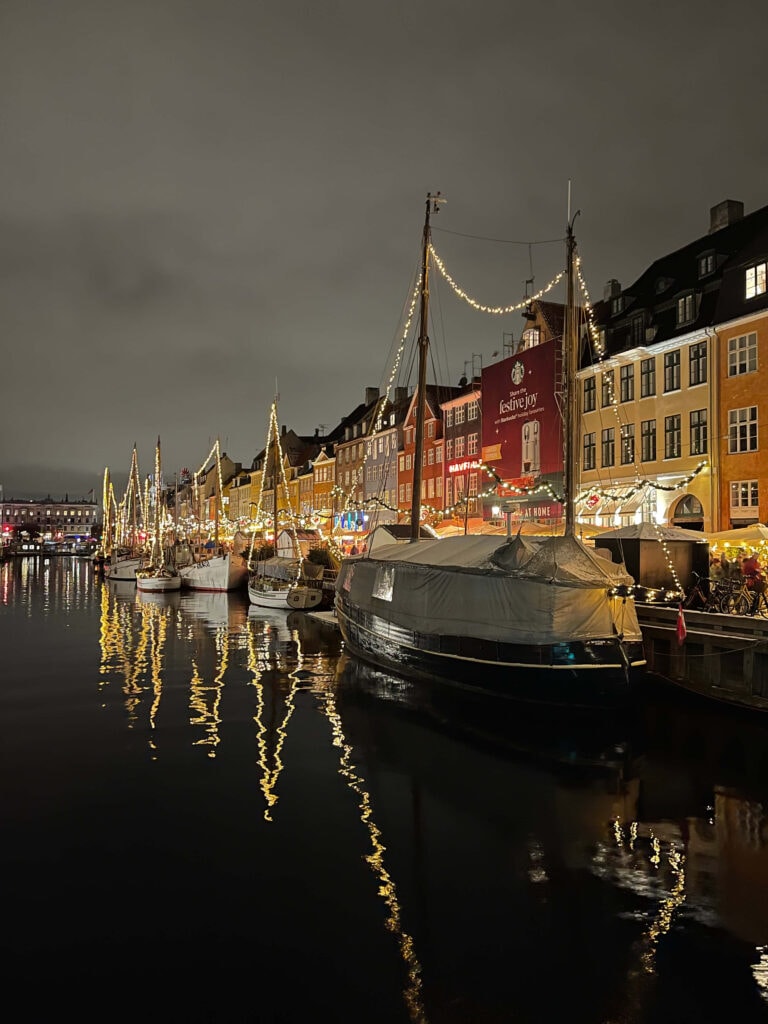 nyhavn at night, copenhagen, denmark